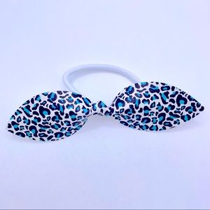 Teal leopard print hair tie bow, ponytail bow, vegan leather, handmade